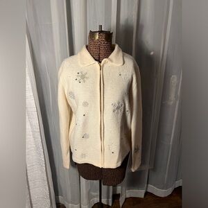 100% WOOL Karen Scott Petites Snowflake Winter Zip Up Sweater Sz Petite Large